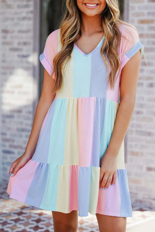 Colorblock Short Sleeve V Neck Dress