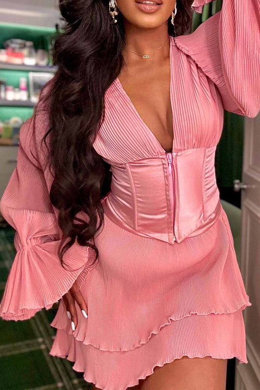Pleated Deep V Neck Bell Sleeve Dress